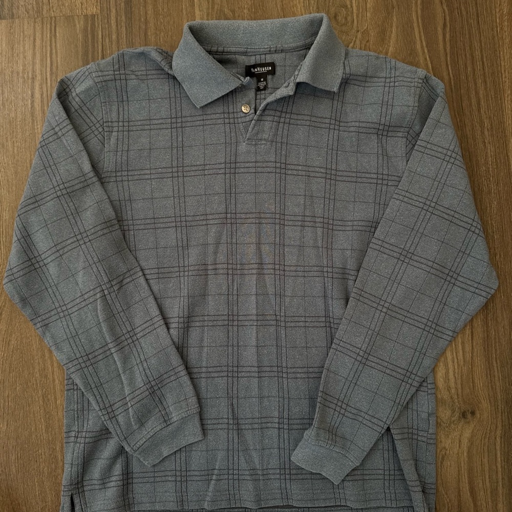 Van Heusen Men's Gray Windowpane Long-Sleeve Polo